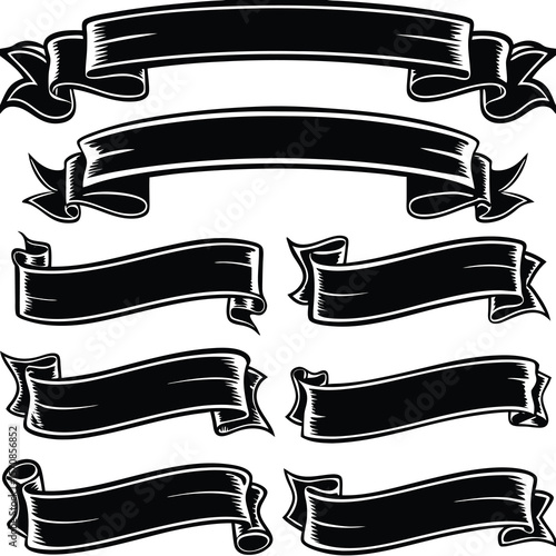 Collection of black decorative ribbons and banners white