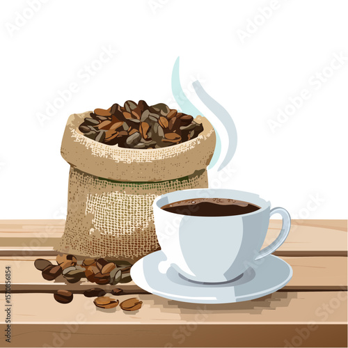 A cup of coffee with beans in a bag. Vector Illustration