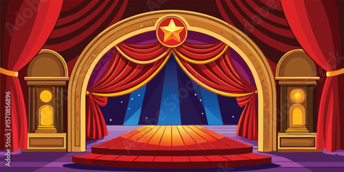 Grand stage with red curtains and golden star theater