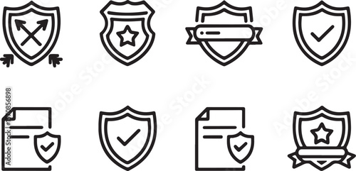 Security Shield Icon Set Depicting Safety, Protection, and Verification across Different Platforms and Documents in Business and Law