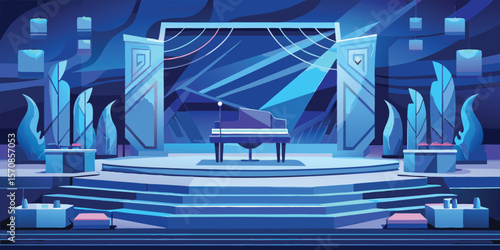 Grand piano on stage with blue lighting performance