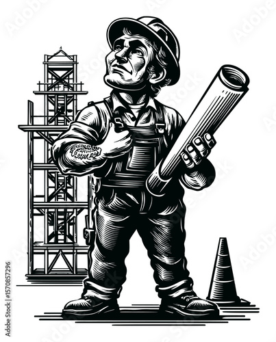 Hand-Drawn Vector Illustration of a Construction Worker with Blueprint