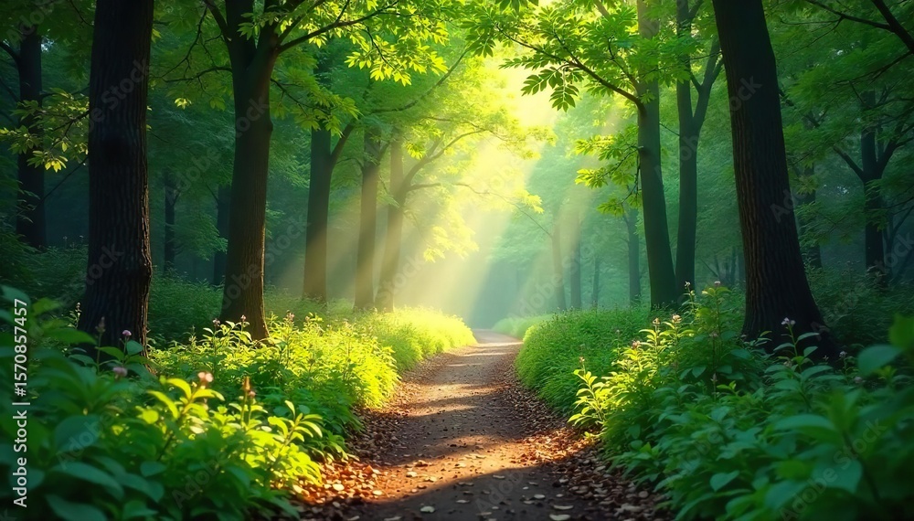 Obraz premium Magical Sun-Dappled Forest Path Winding Through Lush Green Foliage, Sunlight Filters Through Canopy, Creating a Serene and Tranquil Atmosphere, Perfect for Travel and Nature Photography