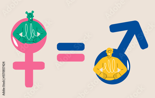 Gender equality concept. Men and women character on the scales for gender equality. Colorful vector illustration