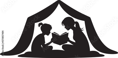 Young Readers Enjoying Books in a Play Tent Silhouette