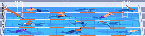 People in swimsuits are swimming in public pool. Men and women in goggles, caps do sports in water. Athletes are floating, diving, racing in lanes in different styles. Flat vector illustration