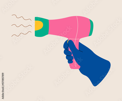 Hand holding a hair dryer. Colorful vector illustration