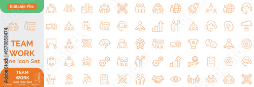 Teamwork icon set. Business related line icons: meeting, cooperation, support, collaboration, partnership, society, workshop, work group, human resource and more. Editable stroke. Vector illustration.