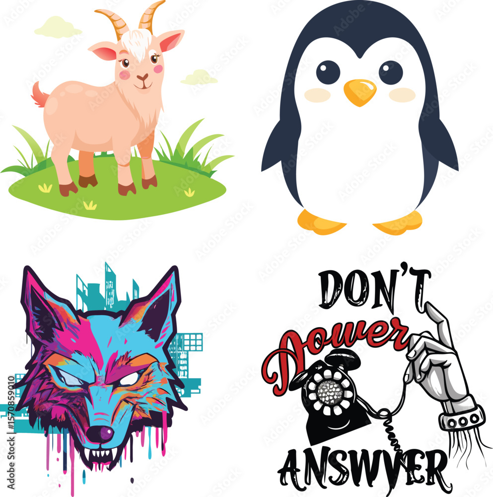 Vector art of cute cartoon animals and a dont answer phone illustration a goat, a penguin, a colorful wolf, and a vintage telephone graphic, isolated on white background Vector art of cute cartoon animals and a dont answer phone illustration a goat, a penguin, a colorful wolf, and a vintage telephone graphic, isolated on white background