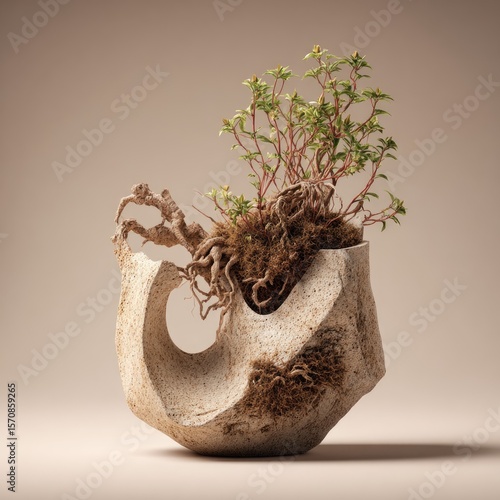 Textured, off-white ceramic vessel with an irregular, abstract form, containing a small, vibrant green plant with exposed roots