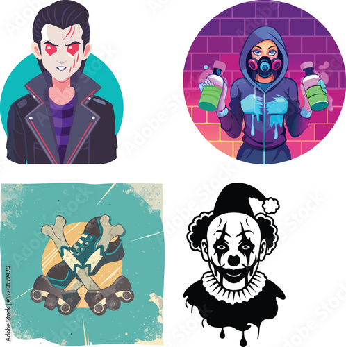 Vector art of a vampire, a graffiti artist, roller skates with bones, and a scary clown, isolated on white background