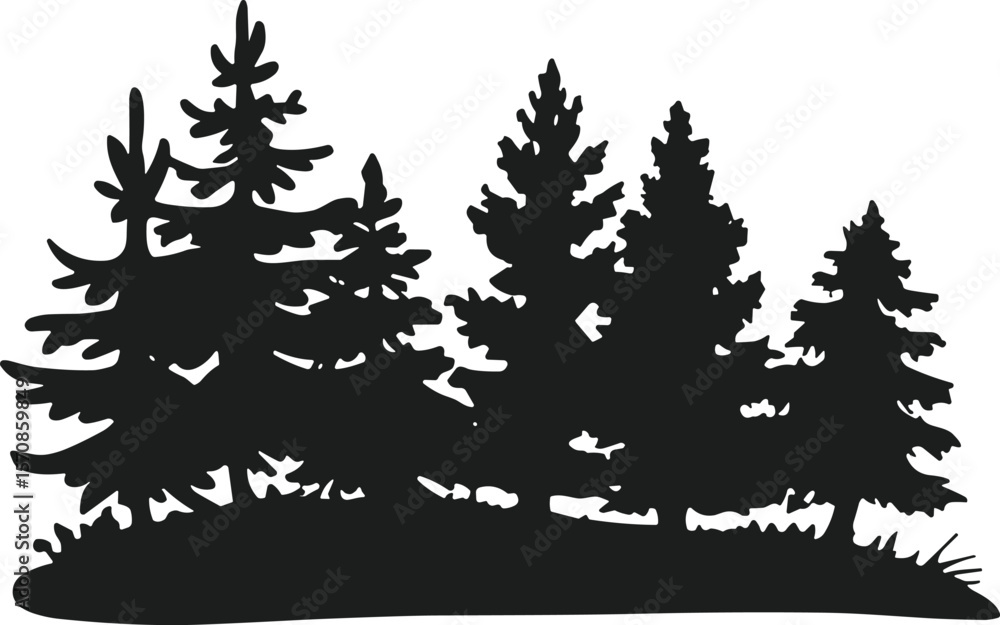 Obraz premium Silhouette Pine Tree Forest Vector – Natural Woodland Landscape Illustration
