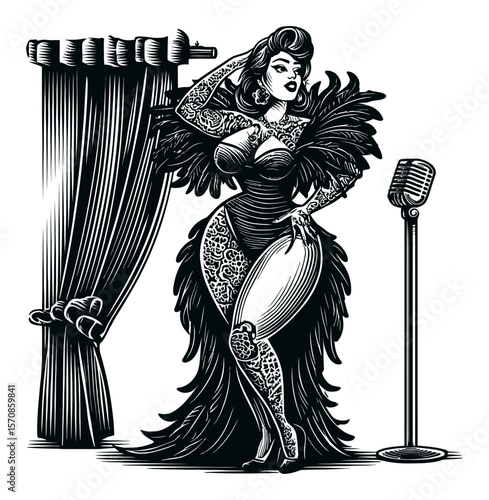 Vintage Inspired Hand-Drawn Illustration of a Glamorous Singer with Mic