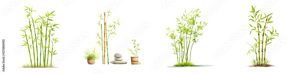 Fototapeta premium Green Bamboo Plant Collection: Zen Garden Elements, Isolated on White