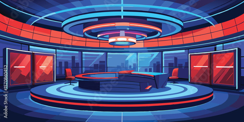 Modern broadcast studio with city view news desk modern interior