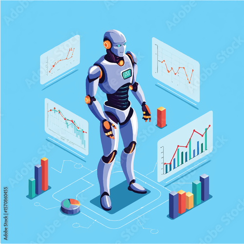 Artificial intelligence robot analyzing financial data charts and graphs in futuristic digital environment