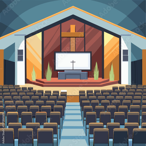 Modern church interior with rows of seating vector