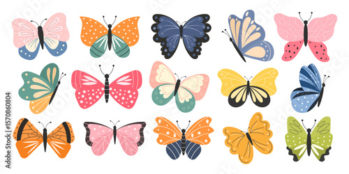 Colorful flat vector butterflies collection. Perfect for spring and summer designs, kids products, stickers, scrapbooking, textiles, nursery prints, and digital crafts.
