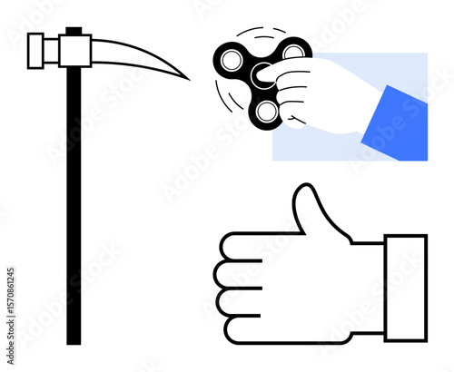 Hand spinning a fidget spinner, thumbs-up gesture, and a pickaxe icon. Ideal for technology, gaming, work-life balance, tools, relaxation, productivity and simple landing page