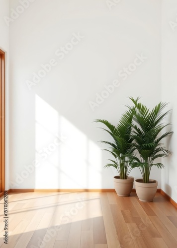 A minimalist interior with a white wall wooden floor and two potted plants Empty room interior design architecture blank design room