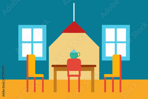 Cozy dining room scene with table chairs windows and teapot under a lamp