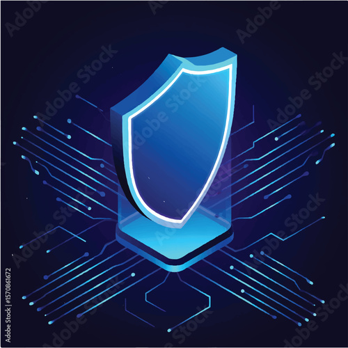 Digital security shield symbolizes data protection on futuristic circuit board background
