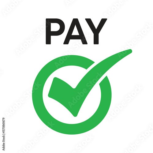 Flat design of a green circle with a white checkmark and bold "PAY" text above. Minimalist, vibrant style indicating approval, confirmation, or successful payment.