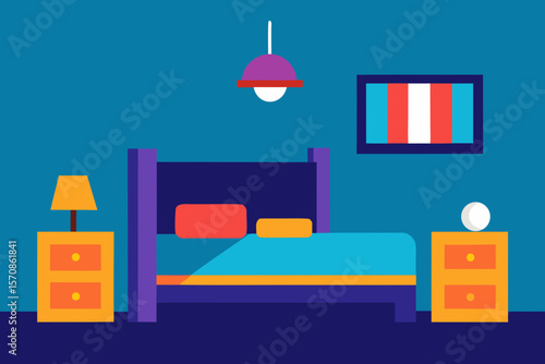 Modern minimalist bedroom interior with bed nightstands and hanging lamp