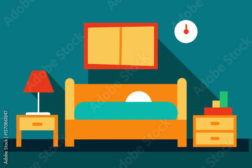 Cozy bedroom interior with bed nightstand lamp and clock in flat design