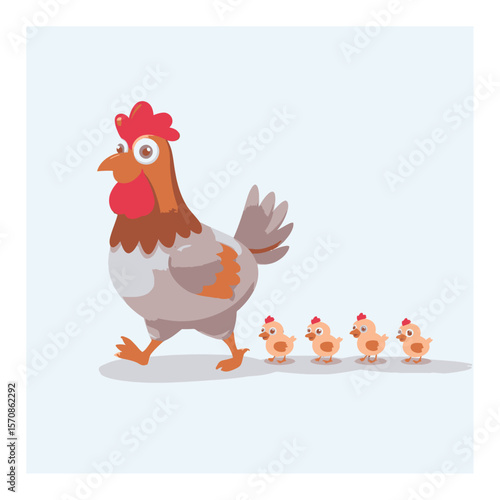 Colorful Cartoon Chicken Walking With Four Adorable Chicks Behind It