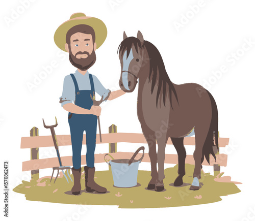 Charming Cartoon Farmer with Horse in a Peaceful Farm Setting