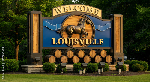 Welcoming Sign Depicting Louisville Kentucky And Barrel Stack In Grassy Setting