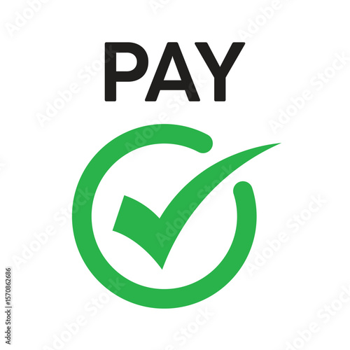 Flat design of a green circle with a white checkmark and bold "PAY" text above. Minimalist, vibrant style indicating approval, confirmation, or successful payment.