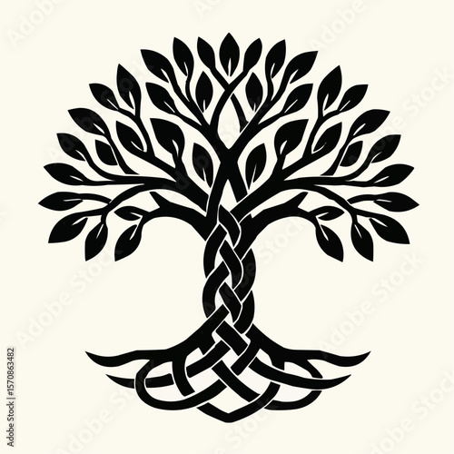 Abstract tree vector design illustration featuring a Celtic cross silhouette, ideal for tattoo or decoration art with natural leaf and branch patterns
