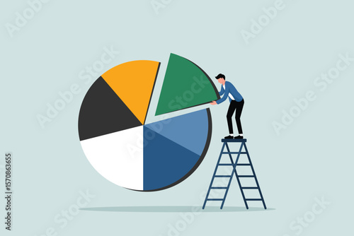 The concept of investment asset allocation and balancing, businessmen stand on a ladder to construct a pie chart as a rebalancing of the investment portfolio to suit risk and return.