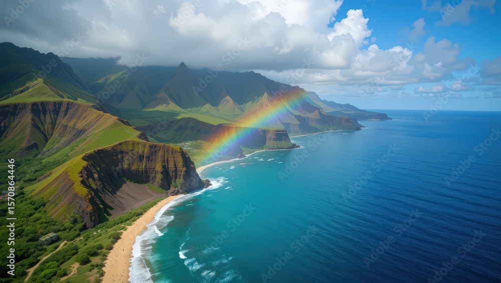 Fototapeta premium Spectacular Coastal Landscape with Rainbow and Mountains