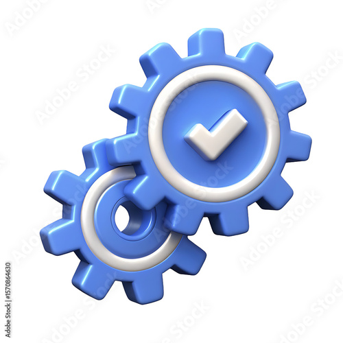 3D Gear Icons Teamwork Process Success Efficiency Check Mark