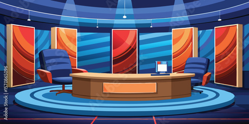 Studio desk chairs computer screens backdrop news talk show