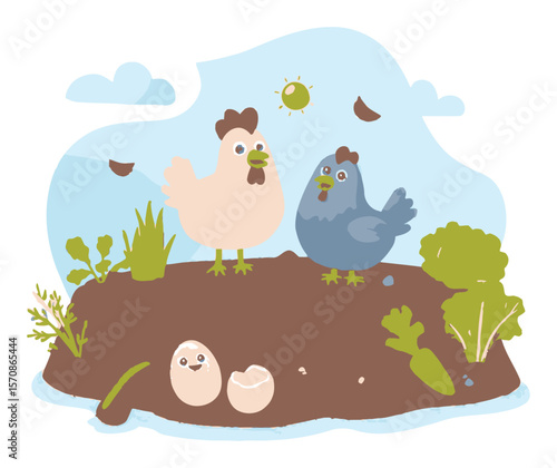 Cartoon Chickens on a Farm with Eggs and Green Vegetables