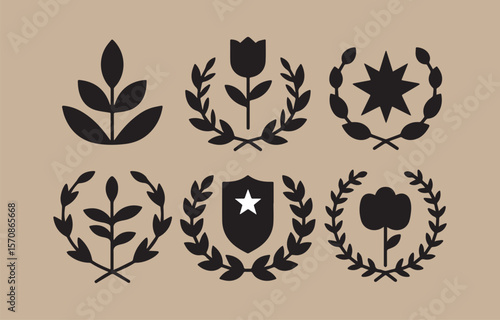 Collection of six black silhouette emblems featuring botanical elements and geometric shapes on a beige background