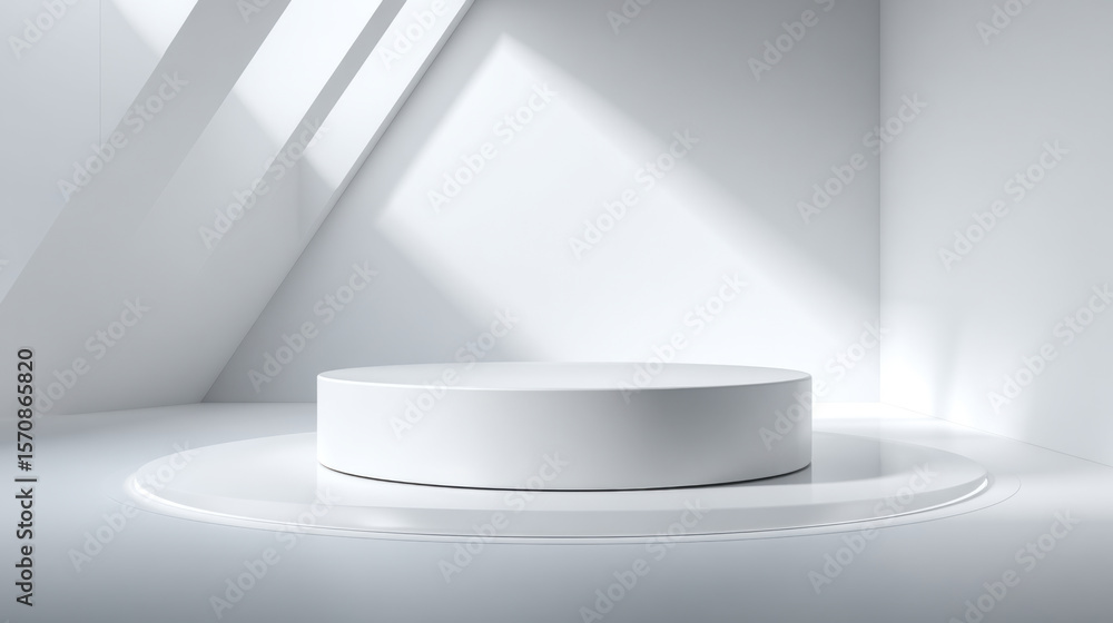 Fototapeta premium a minimalistic circular podium in a clean white studio, professional spotlight softly illuminating Isolated on pure white background. 3d illustration.