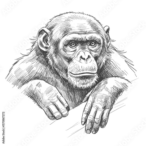 Bonobo – Pan paniscus. Sketch of a chimpanzees head and hands, suitable for wildlife, animal, primates, or zoorelated designs and educational materials.
