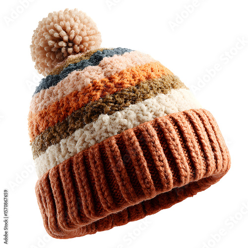 Stylish striped crochet beanie hat with ribbed edge and pom-pom top, soft wool in warm earthy tones, cozy winter fashion, isolated transparent background with soft wool texture