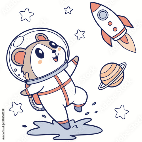 Delightful Joyful Pika in a Space explorer scene with splashing in puddles – Cosmic Pastels vector illustration