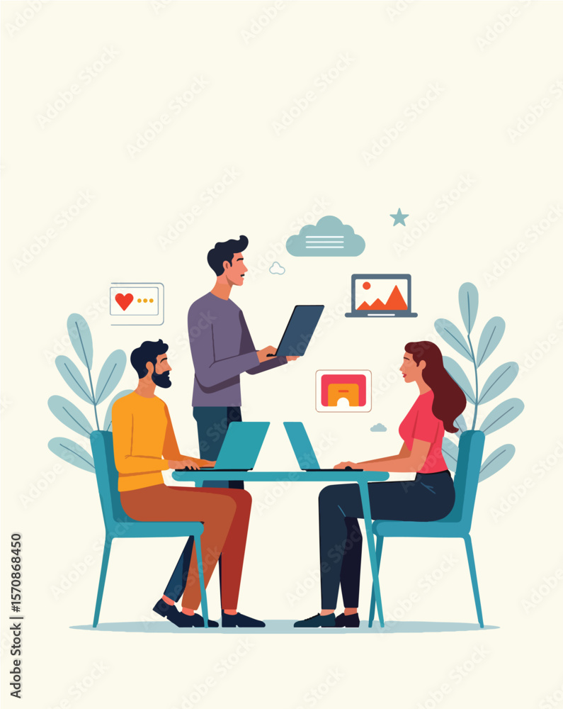 Remote Team Collaboration – Flat Vector Illustration Editable of Online Work with Laptops & Cloud Apps (Minimalist Digital Workspace) Remote Team Collaboration – Flat Vector Illustration Editable of Online Work with Laptops & Cloud Apps (Minimalist Digital Workspace)