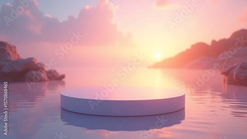 Elevated Product Display on Tranquil Water at Sunrise,  Minimalist Stage for Creative Product Presentation on Dreamy Sunset Landscape
