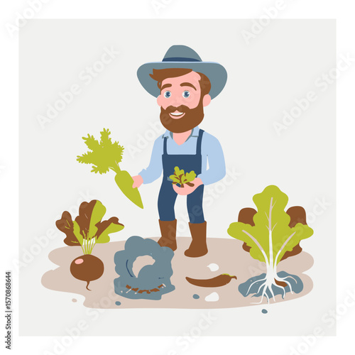 Cartoon Farmer Growing Vegetables with Smiling Face in a Garden Scene