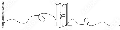 Open door icon. Continuous one line drawing of open door. Open door in one line style, isolated on white background. Vector illustration.