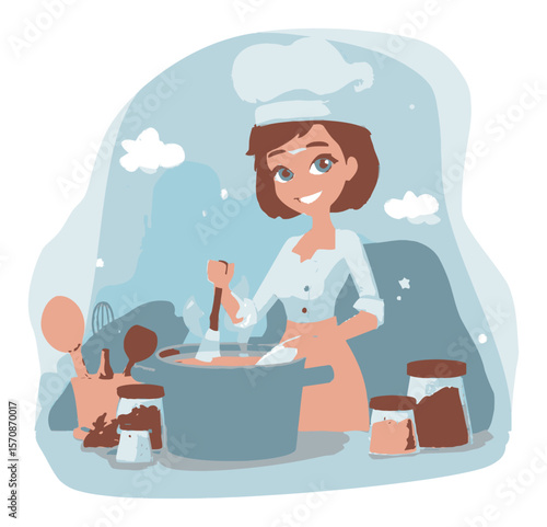 Cheerful Cartoon Woman Cooking in a Kitchen with Ingredients and Utensils