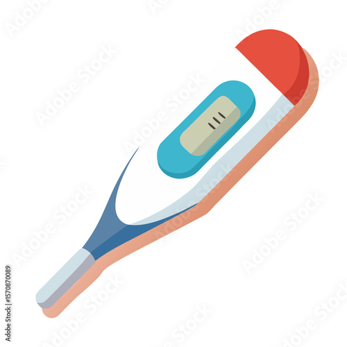 A digital thermometer with a white body, red tip, teal display window, and gray cord, designed for measuring body temperature in medical or health applications.